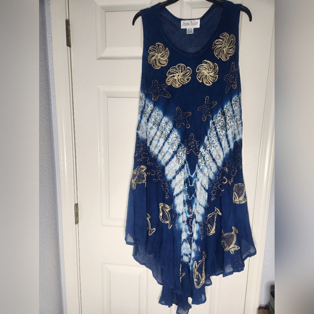 Jessica Taylor One Size Navy Blue  Sea Print Slvless Embroidered MidiBeach Dress